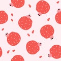 Seamless pattern with red pomegranates on pink background. Modern flat style, memphis design. Hand drawn vector Royalty Free Stock Photo