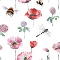 Seamless pattern with red poppies, buds, clover flowers, green leaves, dragonflies and bumblebees. Royalty Free Stock Photo