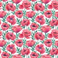Seamless pattern with red poppies. Colorful flowers. Watercolor hand drawn illustration isolated on white background