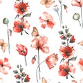 Seamless pattern with red poppies, wildflowers and butterflies. Royalty Free Stock Photo