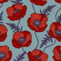 Seamless pattern with red poppy flowers. Papaver. Hand drawn line art sketch vector illustration. Ornate elegant summer Royalty Free Stock Photo