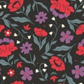 Seamless pattern with red, purple and white flowers on a black background. Vector graphics Royalty Free Stock Photo