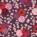 Seamless pattern with red ranunculus, carnation flowers and alstroemeria. Royalty Free Stock Photo