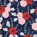 Seamless pattern with red ranunculus, carnation flowers, spiral eucalyptus and dusty miller. Royalty Free Stock Photo