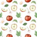 Seamless pattern with red ripe apples, apple tree flowers and leaves Royalty Free Stock Photo