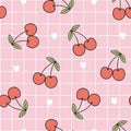 Seamless pattern red ripe cherry with square grid background hand drawn design in cartoon style. Royalty Free Stock Photo