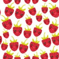 Seamless pattern Red ripe raspberries Fresh juicy berries kawaii funny face with eyes isolated on white background. Vector Royalty Free Stock Photo