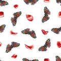 Seamless pattern with red rose petals and butterflies. Hand-drawn watercolor illustration. For packaging and textiles Royalty Free Stock Photo