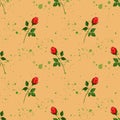 Seamless pattern with red rose sprigs and green splashes.