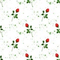Seamless pattern with red rose sprigs and green splashes. On white background.