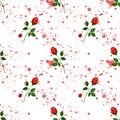 Seamless pattern with red rose sprigs and splashes. On white background.