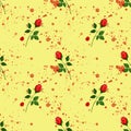 Seamless pattern with red rose sprigs and splashes. On yellow background.