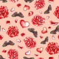 Seamless pattern with red roses, butterflies and a heart. Hand-drawn watercolor illustration. On a pink background. For Royalty Free Stock Photo