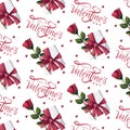 Seamless pattern with red roses, leafs, gift box, hearts