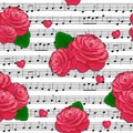 Seamless pattern with the red roses and music notes.