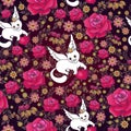 Seamless Pattern of Red Roses and White Cats with Hearts Royalty Free Stock Photo