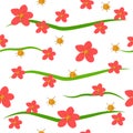 Seamless pattern red sakura flowers, green waves on white background. Orange Japanese quince bloom print, vector eps 10 Royalty Free Stock Photo