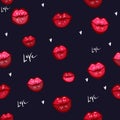 Seamless pattern of red sexy lips on black background. Vector lipstick or lip gloss realistic design. Fashion Royalty Free Stock Photo