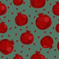 Seamless pattern with red shabby pomegranates and seads on dark turquoise background