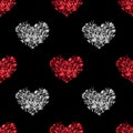 Seamless pattern red & silver hearts made of flower petals black background isolated, heart repeating ornament, valentines day