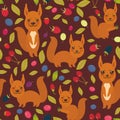 Seamless pattern with red squirrel, Cherry Strawberry Raspberry Blackberry Blueberry Cranberry Cowberry Goji Grape on dark vinous Royalty Free Stock Photo