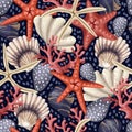 Seamless pattern with red starfishes, shells and coral. Vector trendy print.