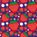 Seamless pattern with red strawberry berries and white flowers on a blue background. Royalty Free Stock Photo