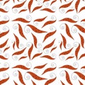 Seamless pattern red swirling spiral leaves of different shapes on a white background