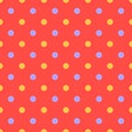 Seamless pattern, red texture or background with orange and blue polka dots on red background