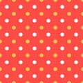 Seamless pattern, red texture or background with orange and white polka dots on red background