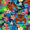 Seamless pattern. Red tiger head roar wild cat in colorful jungle. Rainforest tropical leaves background. Fashion