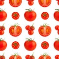 Seamless pattern of red tomatoes on white background isolated closeup, cut and whole cherry tomato repeating ornament, print Royalty Free Stock Photo