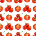 Seamless pattern of red tomatoes on white background isolated closeup, cut and whole cherry tomato repeating ornament, print Royalty Free Stock Photo