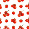 Seamless pattern of red tomatoes on white background isolated closeup, cut and whole cherry tomato repeating ornament, print Royalty Free Stock Photo