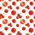 Seamless pattern of red tomatoes on white background isolated closeup, cut and whole cherry tomato repeating ornament, print Royalty Free Stock Photo