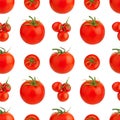 Seamless pattern of red tomatoes on white background isolated closeup, whole cherry tomato bunch repeating ornament, print