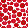 Seamless pattern of red tomatoes, whole and halves of bright tomato on a white background