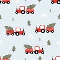 seamless pattern red tractor with christmas tree
