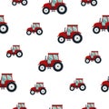 Seamless pattern red tractor on white background. Agricultural transport for farm in flat style - vector illustration