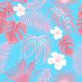 Seamless pattern with red tropical palm leaves and flowers on blue background, vector, for print Royalty Free Stock Photo