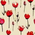 Seamless pattern with red tulips, vintage, grunge background Royalty Free Stock Photo