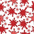 Seamless pattern with red viruses on white background. Vector illustrations in cartoon style