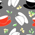 Seamless pattern of red, white and black coffee cups with soft yellow flowers on a gray background Royalty Free Stock Photo