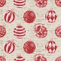 Seamless pattern of red and white christmas balls on an unreadable letter background. Female handwriting in ink. Vector Royalty Free Stock Photo