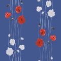 Seamless pattern of red and white flowers of poppy on a deep blue background. Watercolor Royalty Free Stock Photo