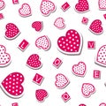 Seamless pattern of red and white hearts and letters of the word love scattered randomly