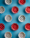 Seamless Pattern of Red and White Polka Dot Paper Cups on a Bright Blue Background for Party Themes Royalty Free Stock Photo