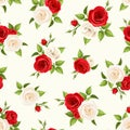 Seamless pattern with red and white roses and lisianthus flowers. Vector illustration. Royalty Free Stock Photo