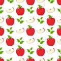 Seamless pattern with red whole slice apples and leaves on white background. Organic fruit. Cartoon style. Vector illustration for Royalty Free Stock Photo