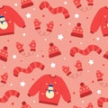 Seamless pattern of red winter hat, mittens, scarf and sweater. Winter elements on pink background. Doodle style. Royalty Free Stock Photo